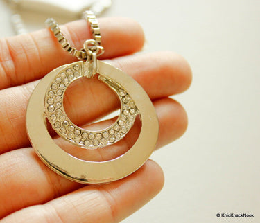 Silver Pendant, Round Crystal Rhinestone Pendant Long Chain Necklace